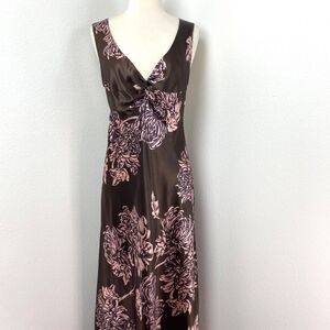 Maxi Satin Brown & Pink Floral Sleeping Gown Small Romantic Lounge Fairy Casual